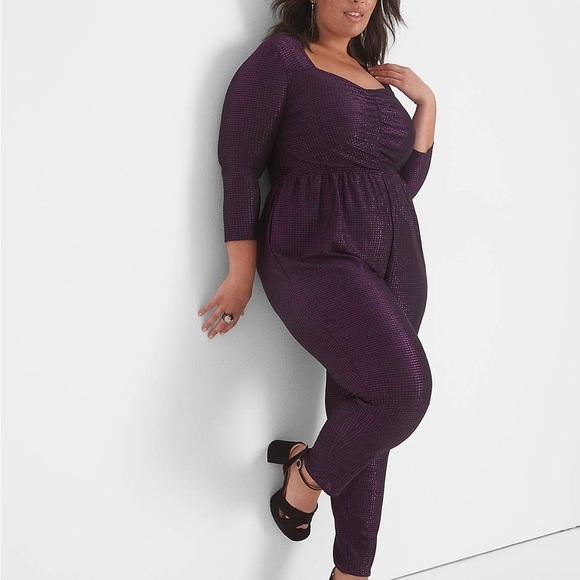 LANE BRYANT SHIMMER PURPLE 3/4 SLEEVE FRONT RUCHED V-NECK JUMPSUIT SZ 18/20 - Picture 1 of 12